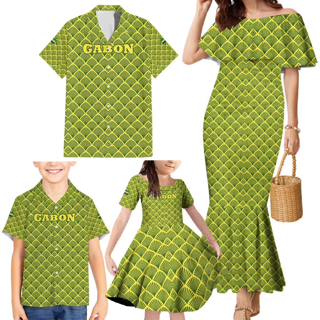Gabon Tribal Pattern Family Matching Mermaid Dress and Hawaiian Shirt with National Flag Colors and Bold Text Design