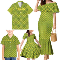 Gabon Tribal Pattern Family Matching Mermaid Dress and Hawaiian Shirt with National Flag Colors and Bold Text Design