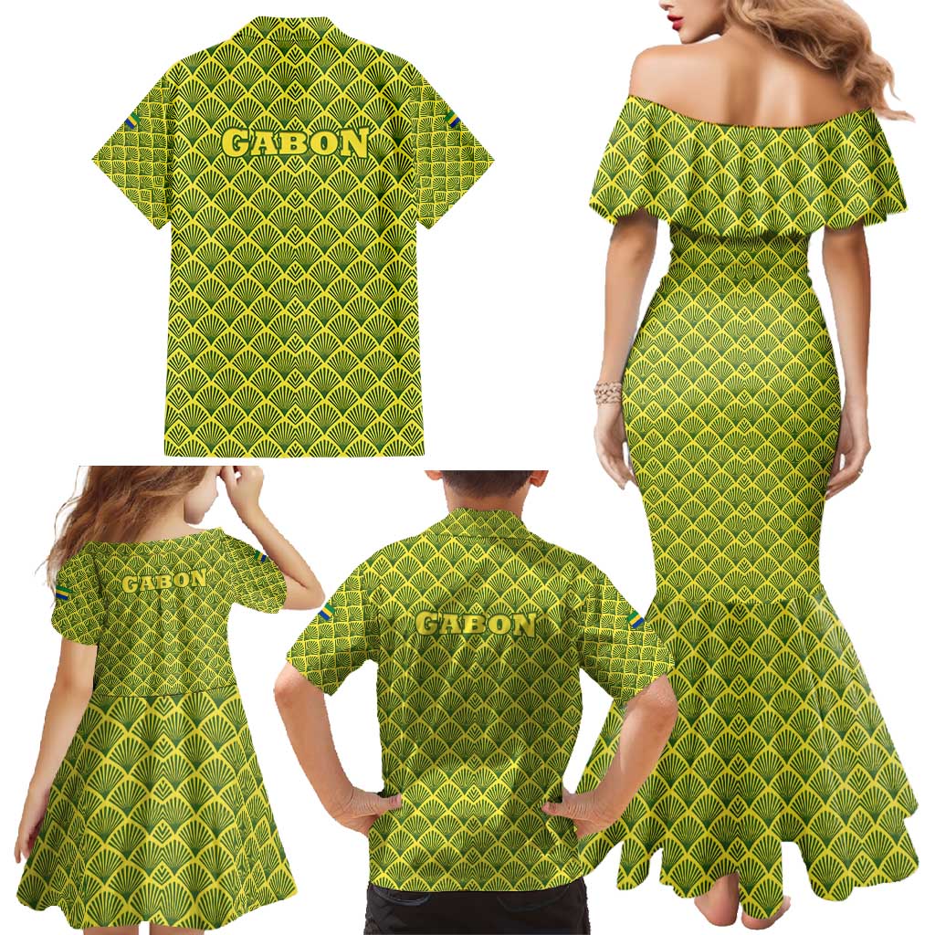Gabon Tribal Pattern Family Matching Mermaid Dress and Hawaiian Shirt with National Flag Colors and Bold Text Design