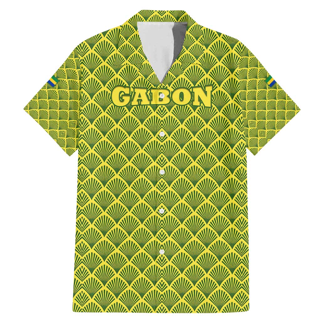 Gabon Tribal Pattern Family Matching Mermaid Dress and Hawaiian Shirt with National Flag Colors and Bold Text Design