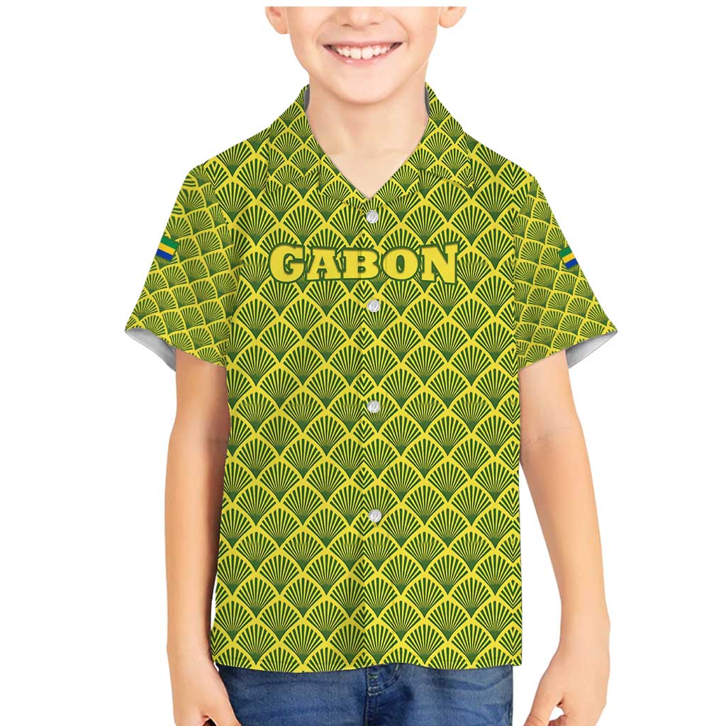 Gabon Tribal Pattern Family Matching Mermaid Dress and Hawaiian Shirt with National Flag Colors and Bold Text Design