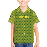 Gabon Tribal Pattern Family Matching Mermaid Dress and Hawaiian Shirt with National Flag Colors and Bold Text Design