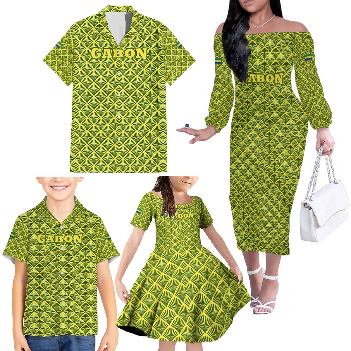 Gabon Tribal Pattern Family Matching Off The Shoulder Long Sleeve Dress and Hawaiian Shirt with National Flag Colors and Bold Text Design