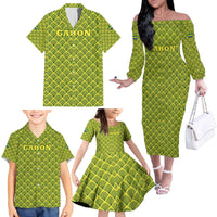 Gabon Tribal Pattern Family Matching Off The Shoulder Long Sleeve Dress and Hawaiian Shirt with National Flag Colors and Bold Text Design
