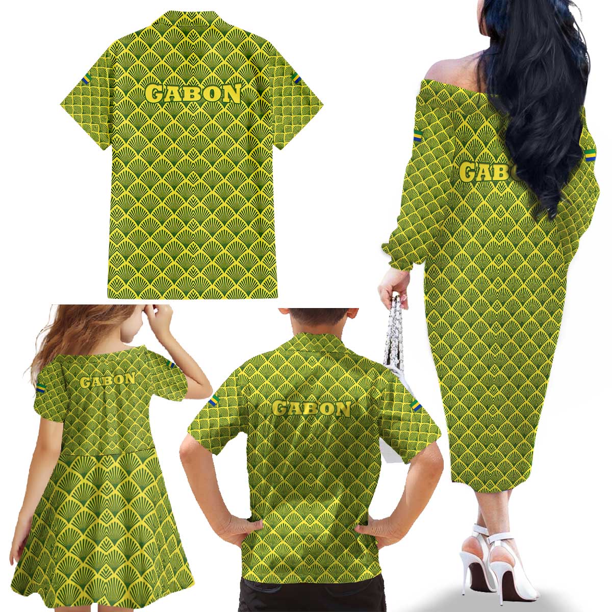 Gabon Tribal Pattern Family Matching Off The Shoulder Long Sleeve Dress and Hawaiian Shirt with National Flag Colors and Bold Text Design