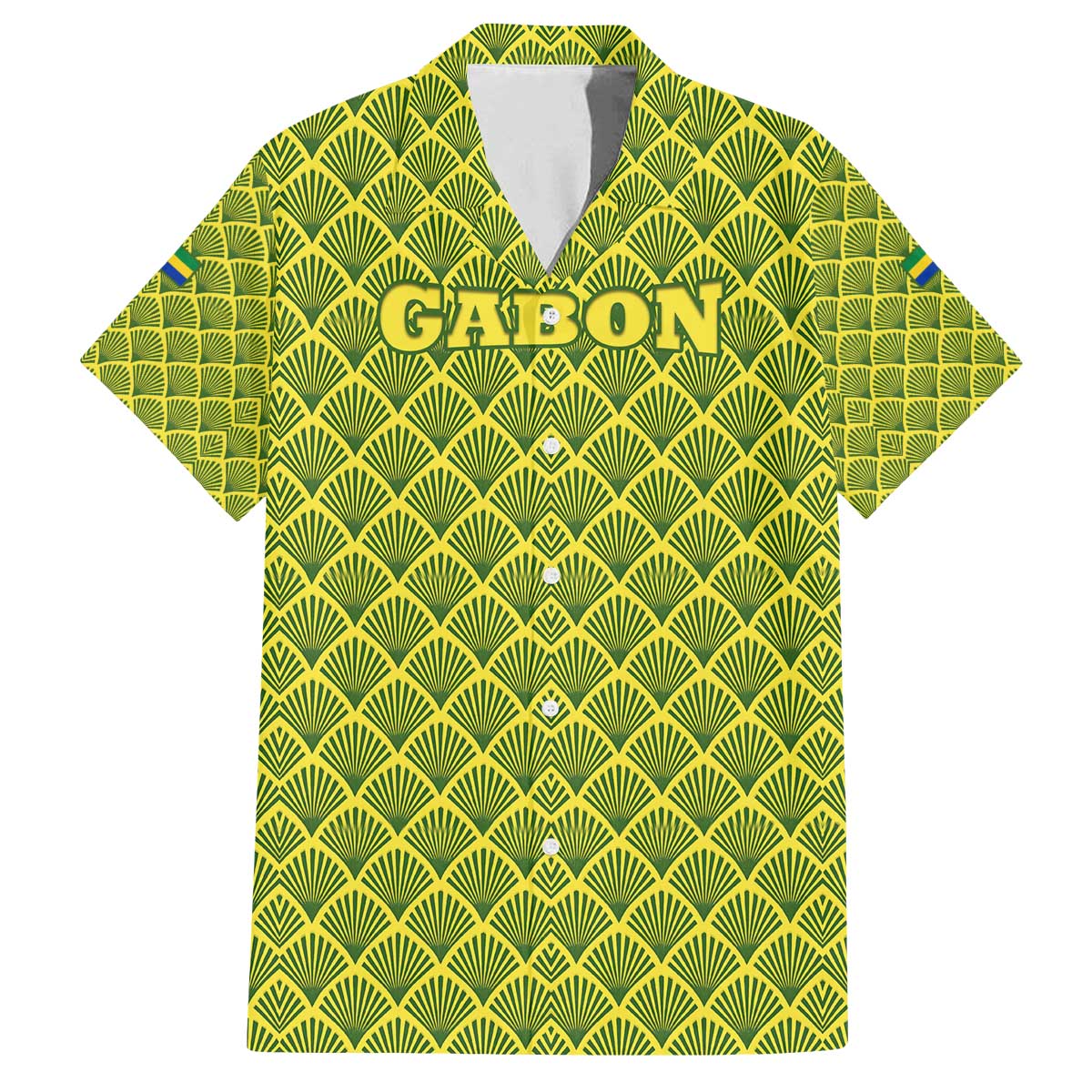 Gabon Tribal Pattern Family Matching Off The Shoulder Long Sleeve Dress and Hawaiian Shirt with National Flag Colors and Bold Text Design