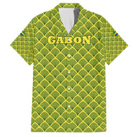 Gabon Tribal Pattern Family Matching Off The Shoulder Long Sleeve Dress and Hawaiian Shirt with National Flag Colors and Bold Text Design