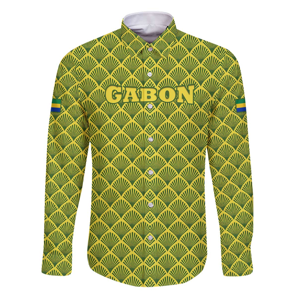 Gabon Tribal Pattern Family Matching Off The Shoulder Long Sleeve Dress and Hawaiian Shirt with National Flag Colors and Bold Text Design