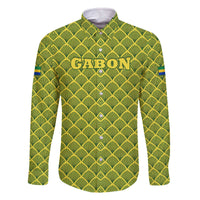 Gabon Tribal Pattern Family Matching Off The Shoulder Long Sleeve Dress and Hawaiian Shirt with National Flag Colors and Bold Text Design