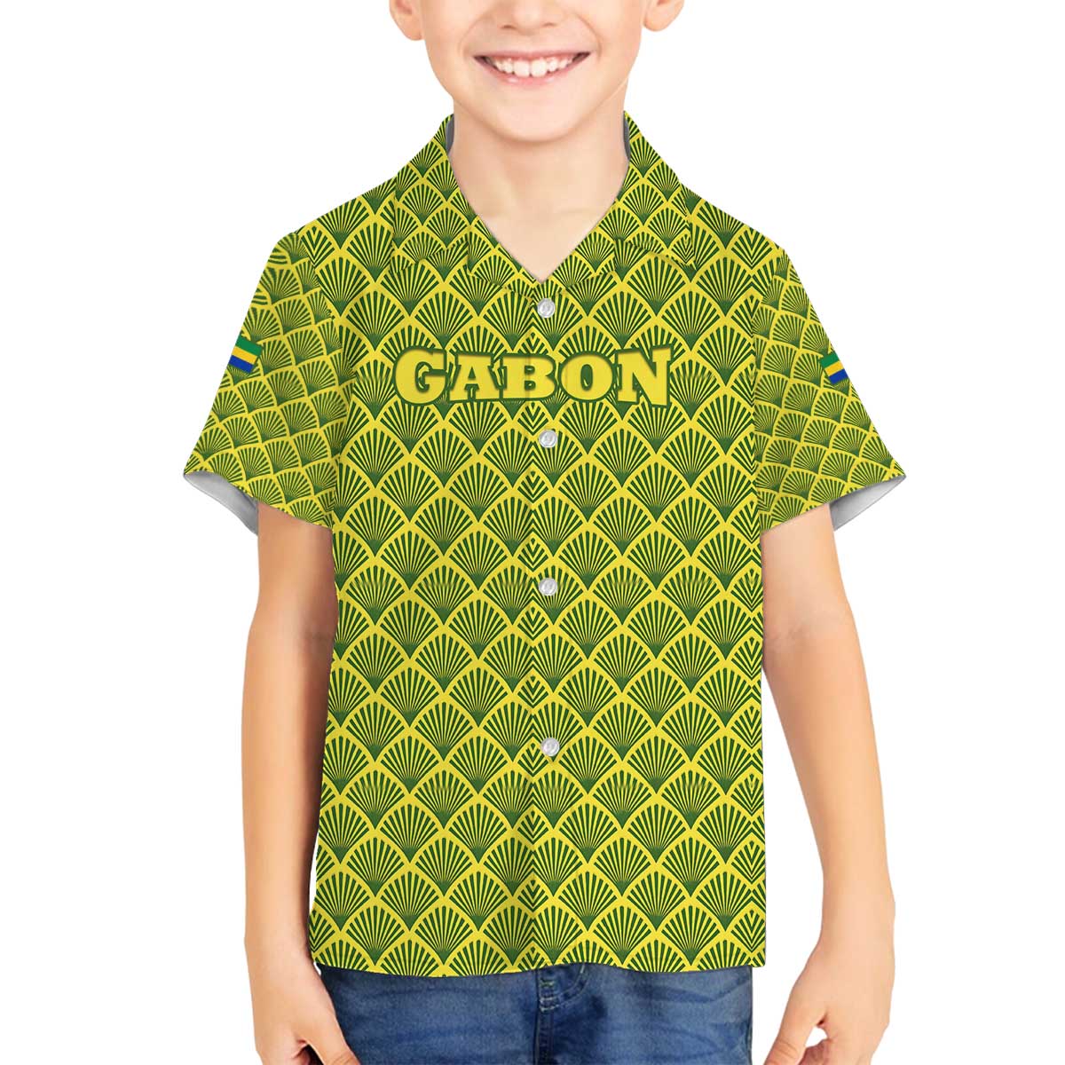 Gabon Tribal Pattern Family Matching Off The Shoulder Long Sleeve Dress and Hawaiian Shirt with National Flag Colors and Bold Text Design