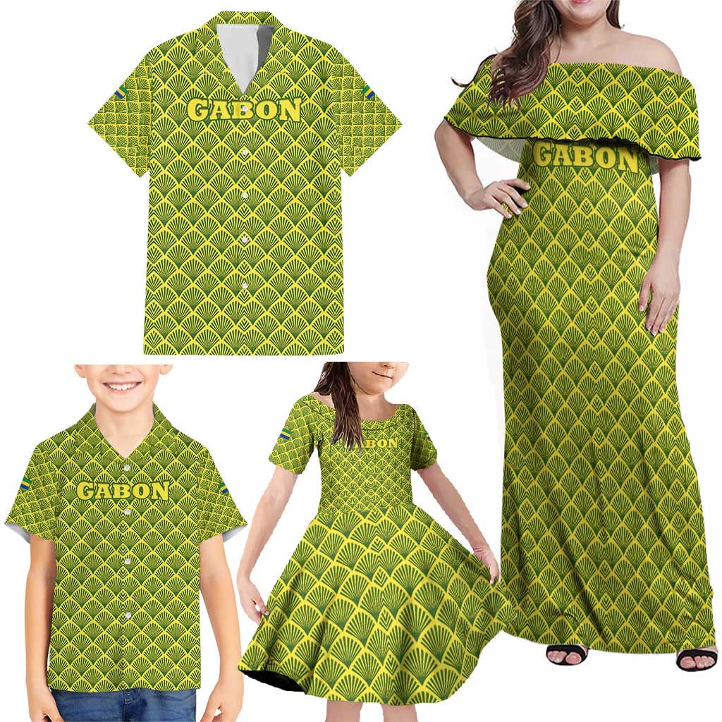 Gabon Tribal Pattern Family Matching Off Shoulder Maxi Dress and Hawaiian Shirt with National Flag Colors and Bold Text Design