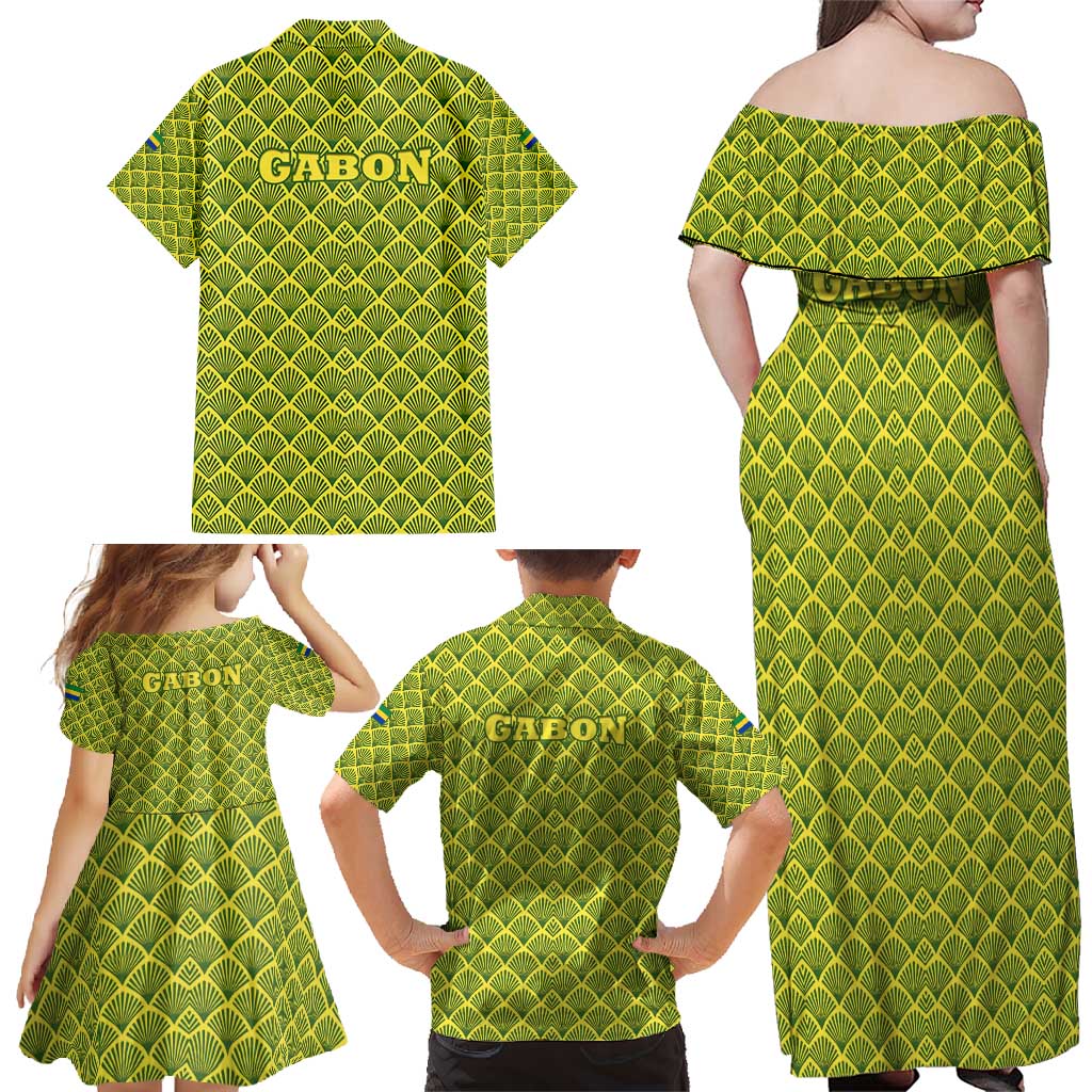Gabon Tribal Pattern Family Matching Off Shoulder Maxi Dress and Hawaiian Shirt with National Flag Colors and Bold Text Design