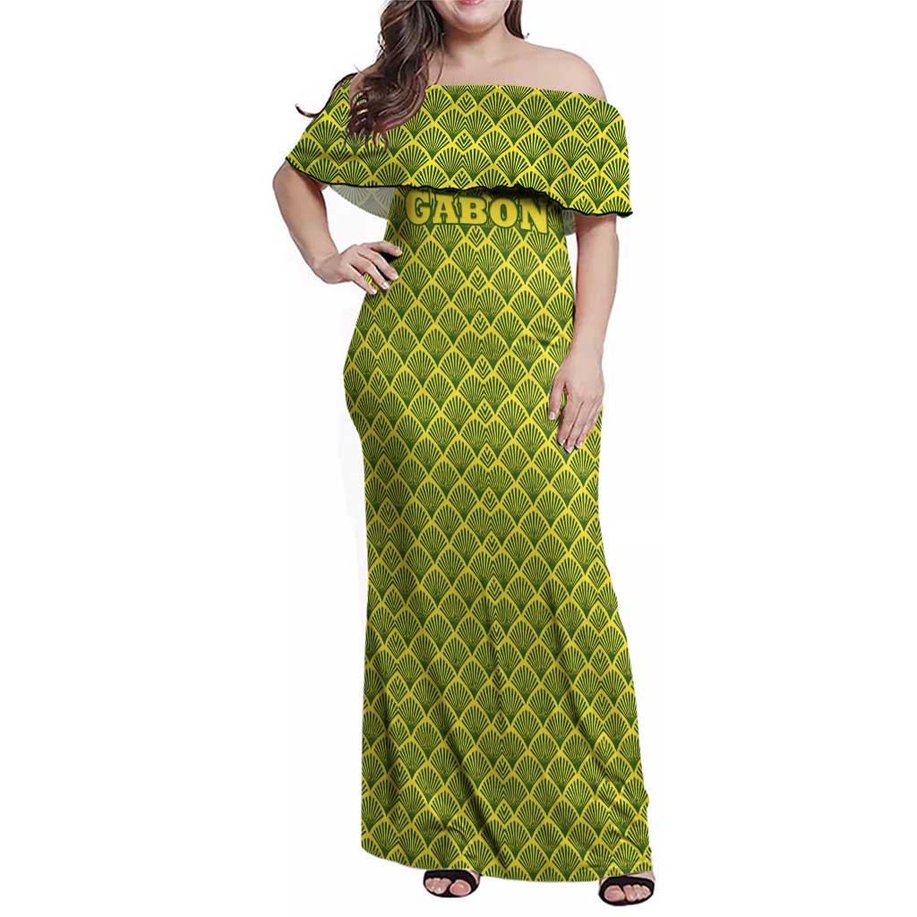Gabon Tribal Pattern Family Matching Off Shoulder Maxi Dress and Hawaiian Shirt with National Flag Colors and Bold Text Design