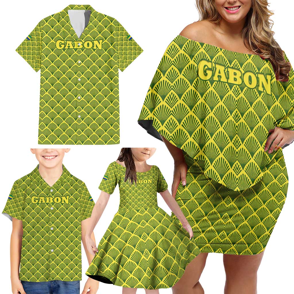 Gabon Tribal Pattern Family Matching Off Shoulder Short Dress and Hawaiian Shirt with National Flag Colors and Bold Text Design