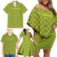Gabon Tribal Pattern Family Matching Off Shoulder Short Dress and Hawaiian Shirt with National Flag Colors and Bold Text Design
