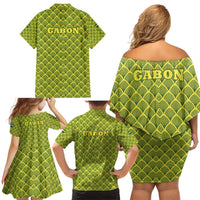 Gabon Tribal Pattern Family Matching Off Shoulder Short Dress and Hawaiian Shirt with National Flag Colors and Bold Text Design