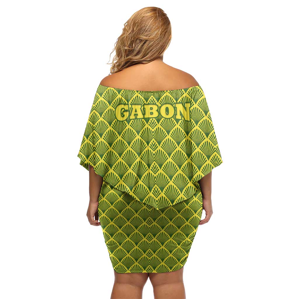 Gabon Tribal Pattern Family Matching Off Shoulder Short Dress and Hawaiian Shirt with National Flag Colors and Bold Text Design