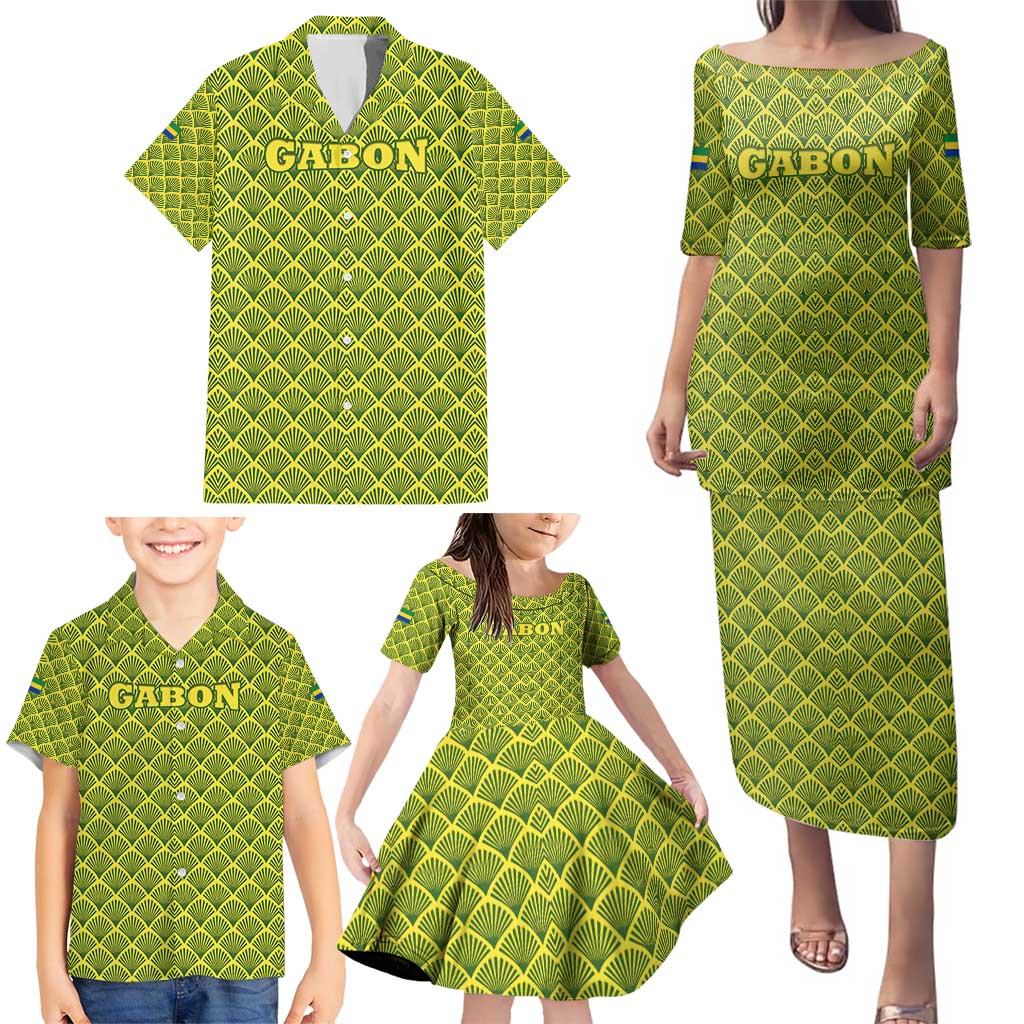 Gabon Tribal Pattern Family Matching Puletasi and Hawaiian Shirt with National Flag Colors and Bold Text Design