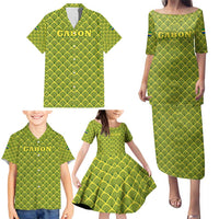 Gabon Tribal Pattern Family Matching Puletasi and Hawaiian Shirt with National Flag Colors and Bold Text Design