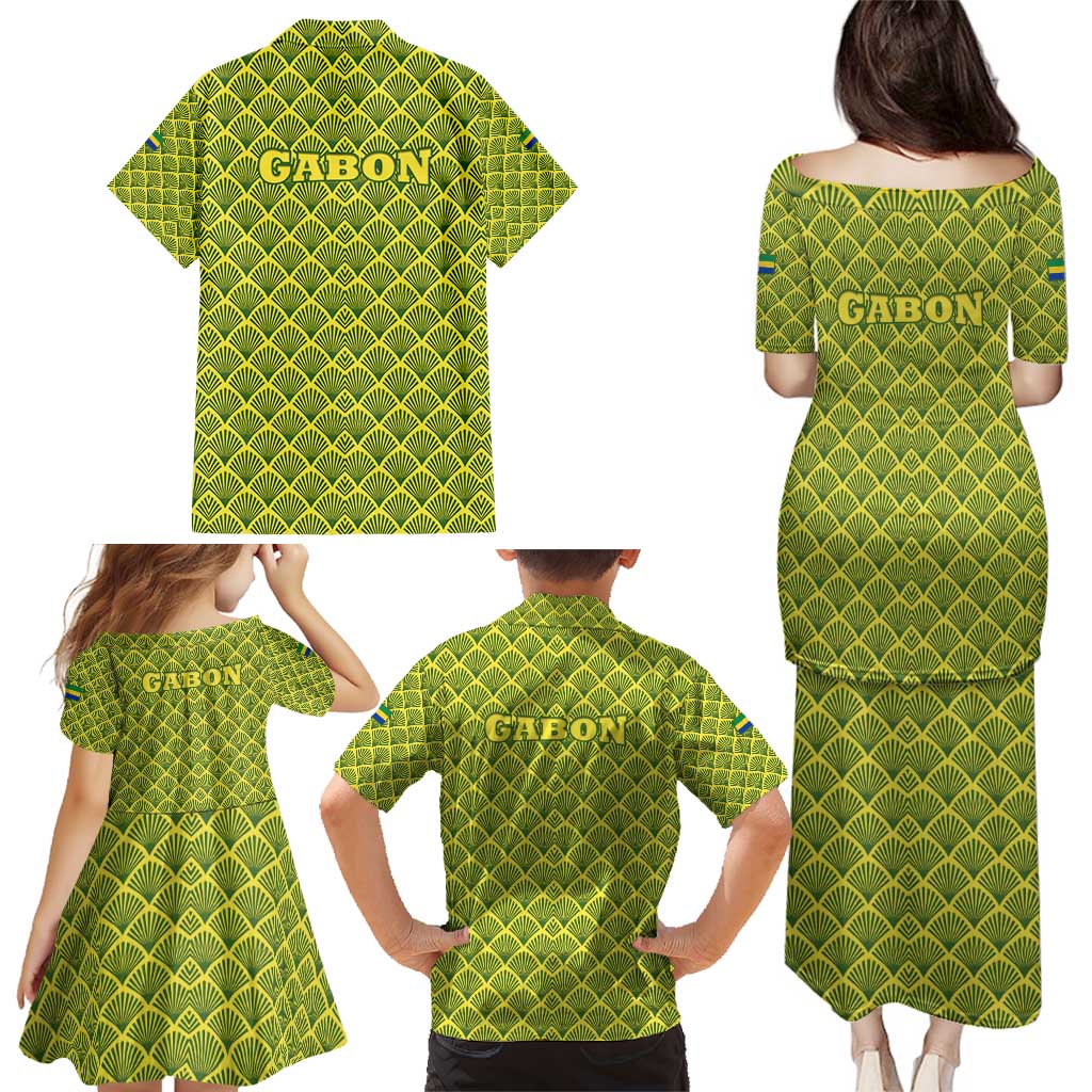 Gabon Tribal Pattern Family Matching Puletasi and Hawaiian Shirt with National Flag Colors and Bold Text Design