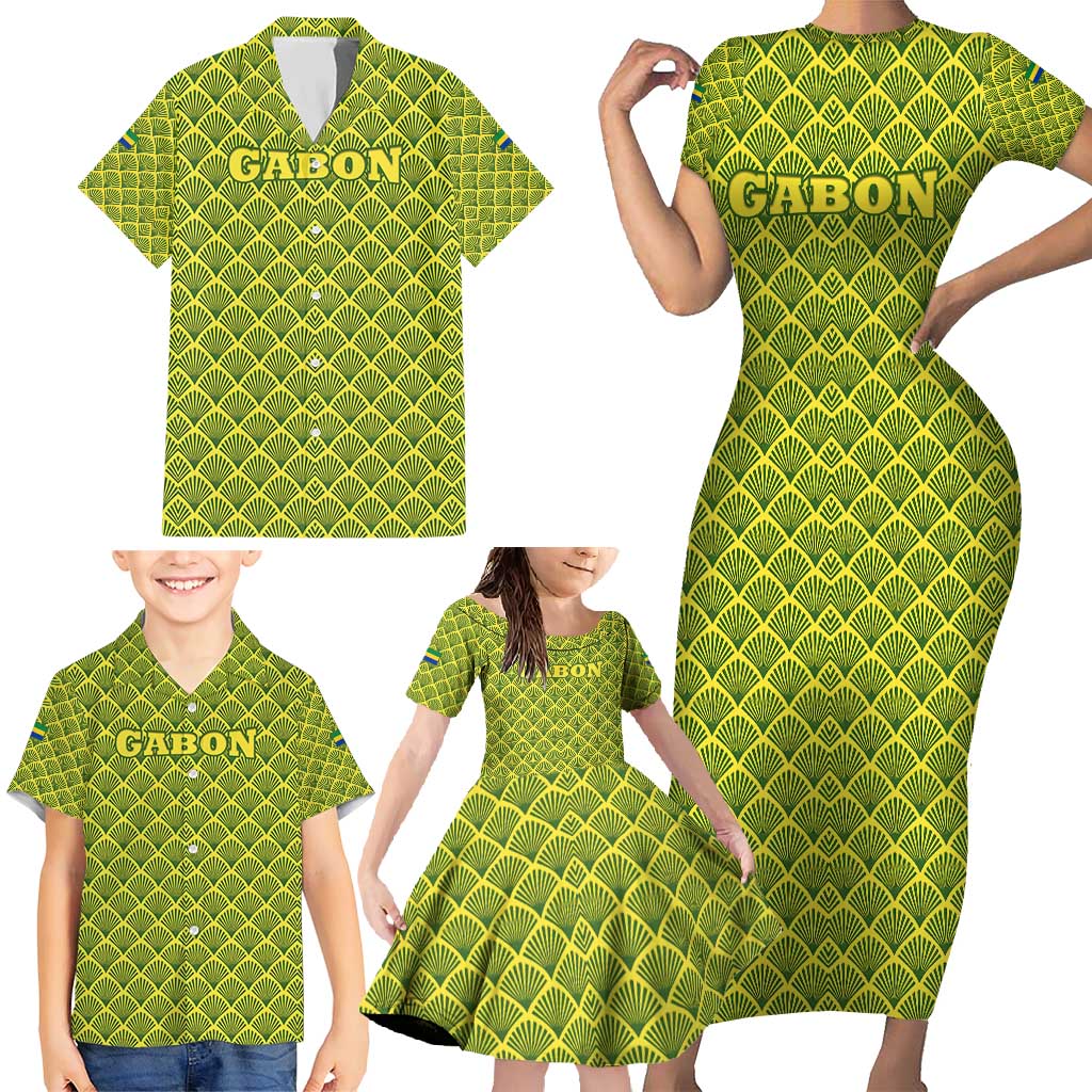 Gabon Tribal Pattern Family Matching Short Sleeve Bodycon Dress and Hawaiian Shirt with National Flag Colors and Bold Text Design