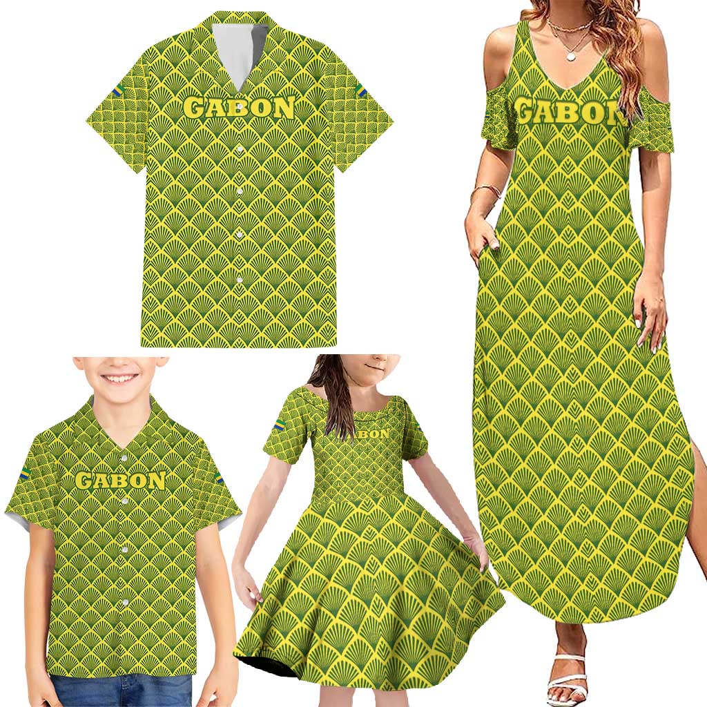 Gabon Tribal Pattern Family Matching Summer Maxi Dress and Hawaiian Shirt with National Flag Colors and Bold Text Design