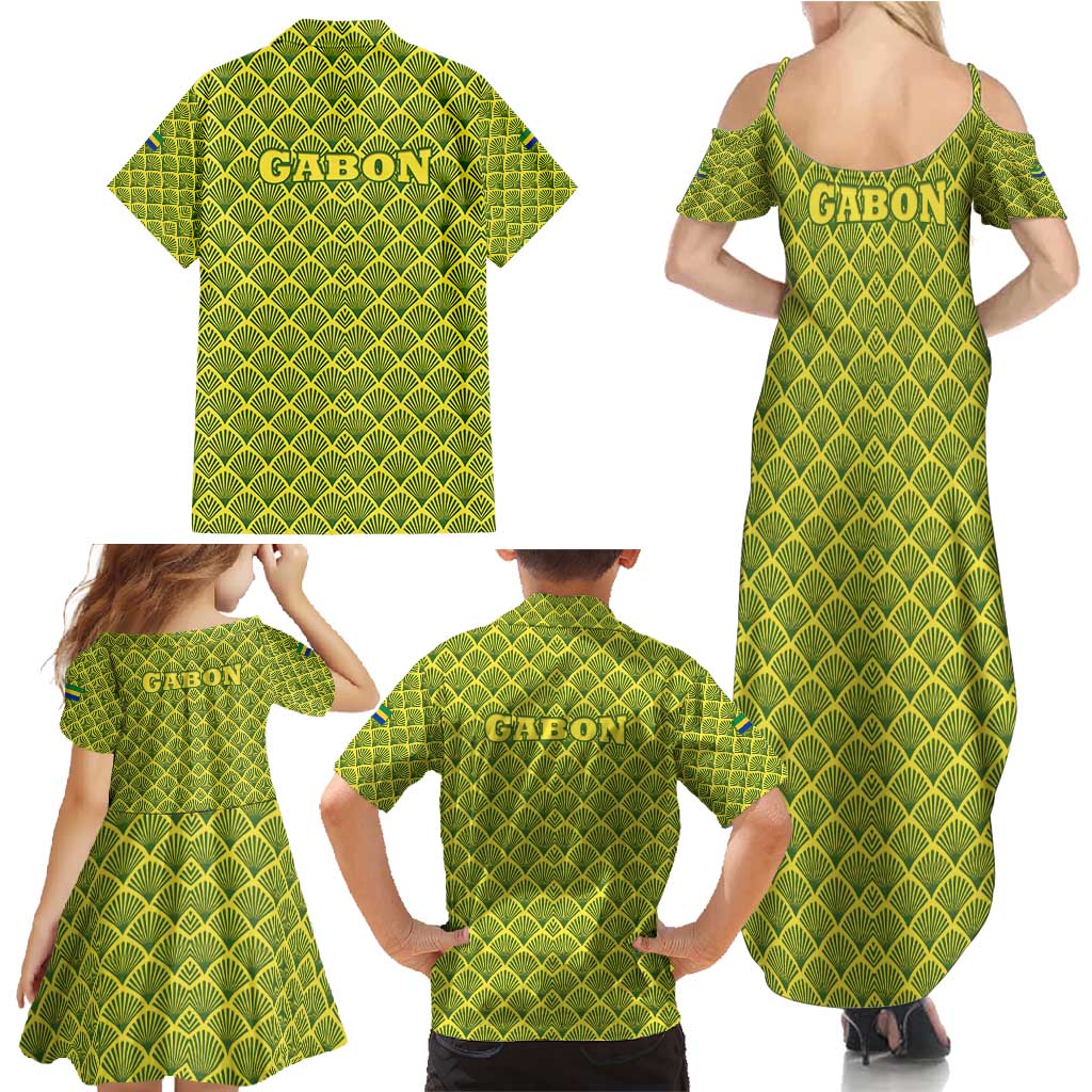 Gabon Tribal Pattern Family Matching Summer Maxi Dress and Hawaiian Shirt with National Flag Colors and Bold Text Design