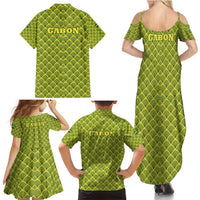 Gabon Tribal Pattern Family Matching Summer Maxi Dress and Hawaiian Shirt with National Flag Colors and Bold Text Design