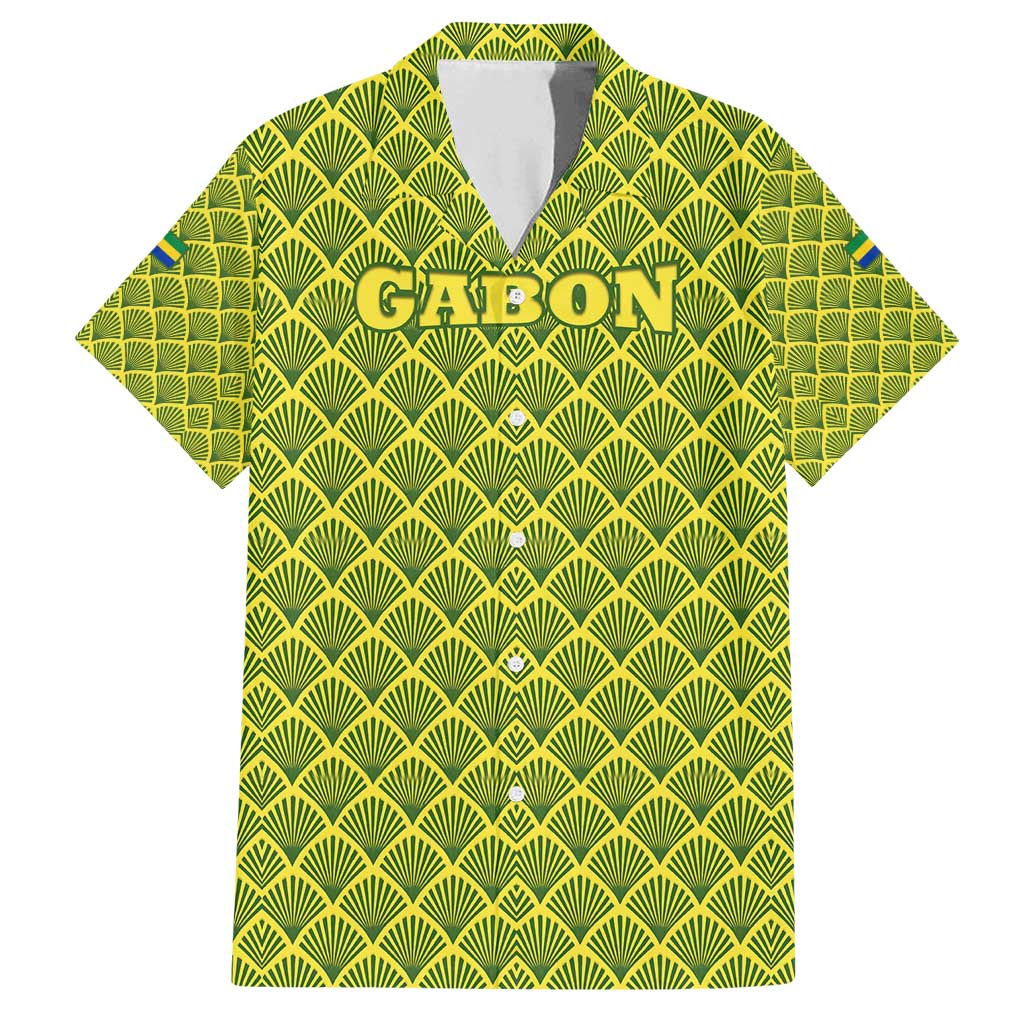 Gabon Tribal Pattern Family Matching Summer Maxi Dress and Hawaiian Shirt with National Flag Colors and Bold Text Design