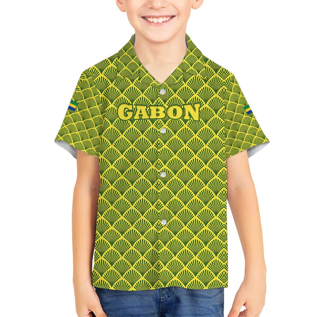 Gabon Tribal Pattern Family Matching Summer Maxi Dress and Hawaiian Shirt with National Flag Colors and Bold Text Design
