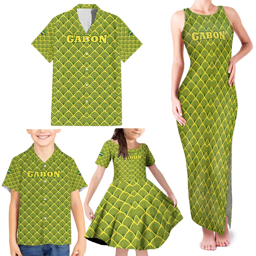 Gabon Tribal Pattern Family Matching Tank Maxi Dress and Hawaiian Shirt with National Flag Colors and Bold Text Design