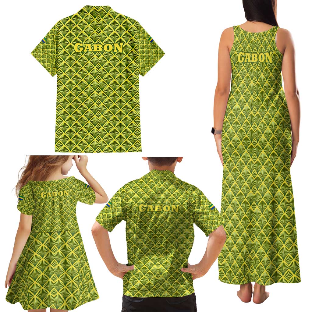 Gabon Tribal Pattern Family Matching Tank Maxi Dress and Hawaiian Shirt with National Flag Colors and Bold Text Design