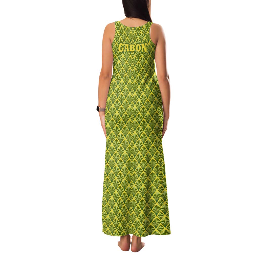 Gabon Tribal Pattern Family Matching Tank Maxi Dress and Hawaiian Shirt with National Flag Colors and Bold Text Design