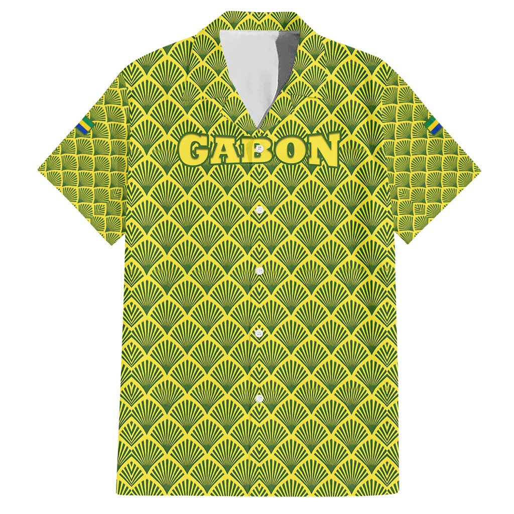 Gabon Tribal Pattern Hawaiian Shirt with National Flag Colors and Bold Text Design