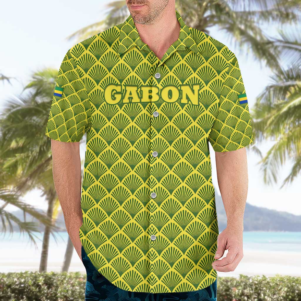 Gabon Tribal Pattern Hawaiian Shirt with National Flag Colors and Bold Text Design