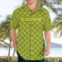 Gabon Tribal Pattern Hawaiian Shirt with National Flag Colors and Bold Text Design