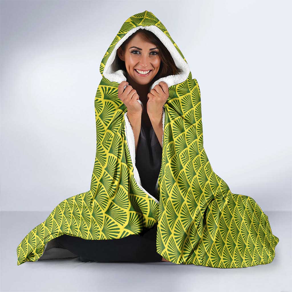 Gabon Tribal Pattern Hooded Blanket with National Flag Colors and Bold Text Design