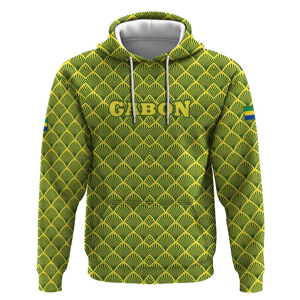 Gabon Tribal Pattern Hoodie with National Flag Colors and Bold Text Design