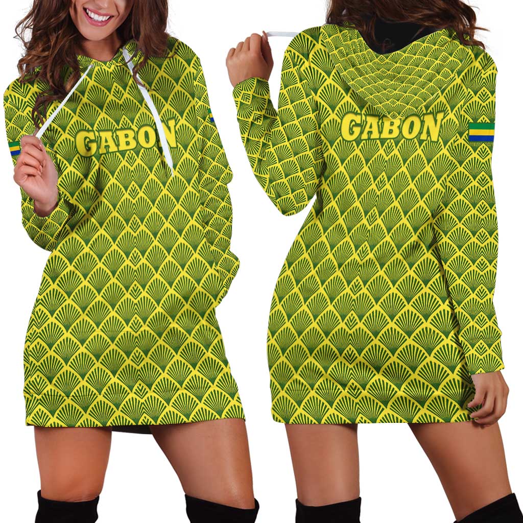 Gabon Tribal Pattern Hoodie Dress with National Flag Colors and Bold Text Design