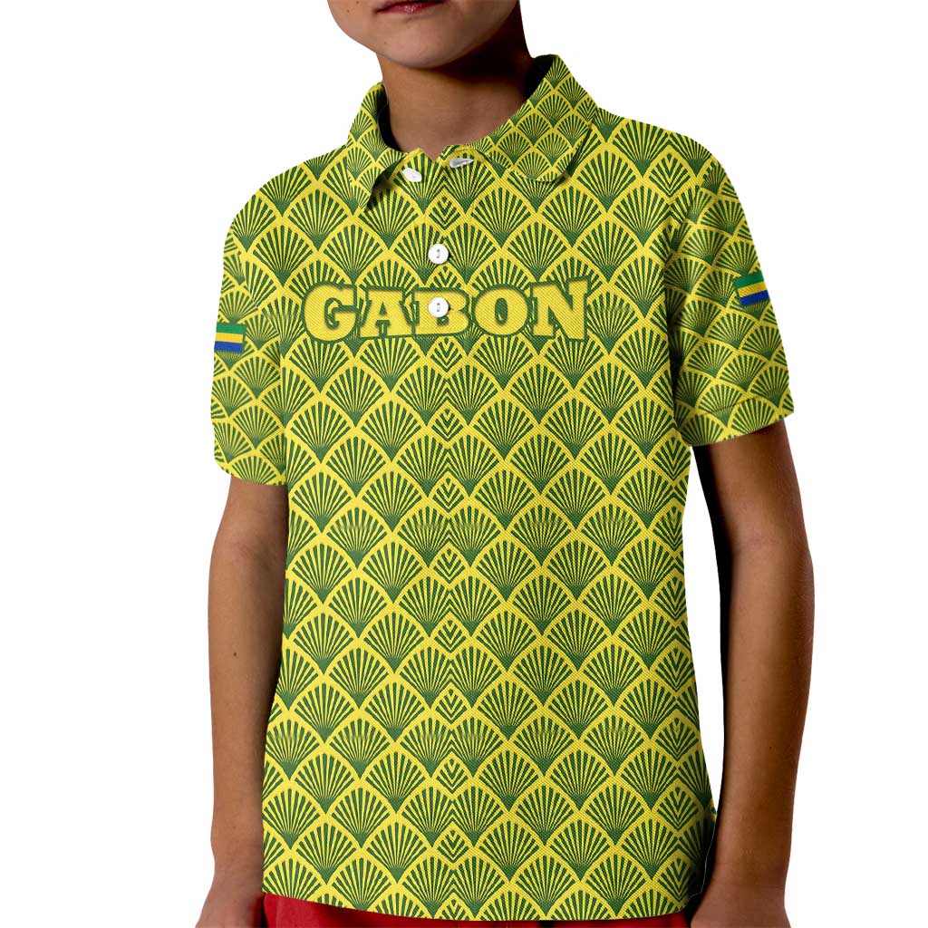 Gabon Tribal Pattern Kid Polo Shirt with National Flag Colors and Bold Text Design