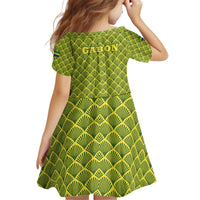 Gabon Tribal Pattern Kid Short Sleeve Dress with National Flag Colors and Bold Text Design
