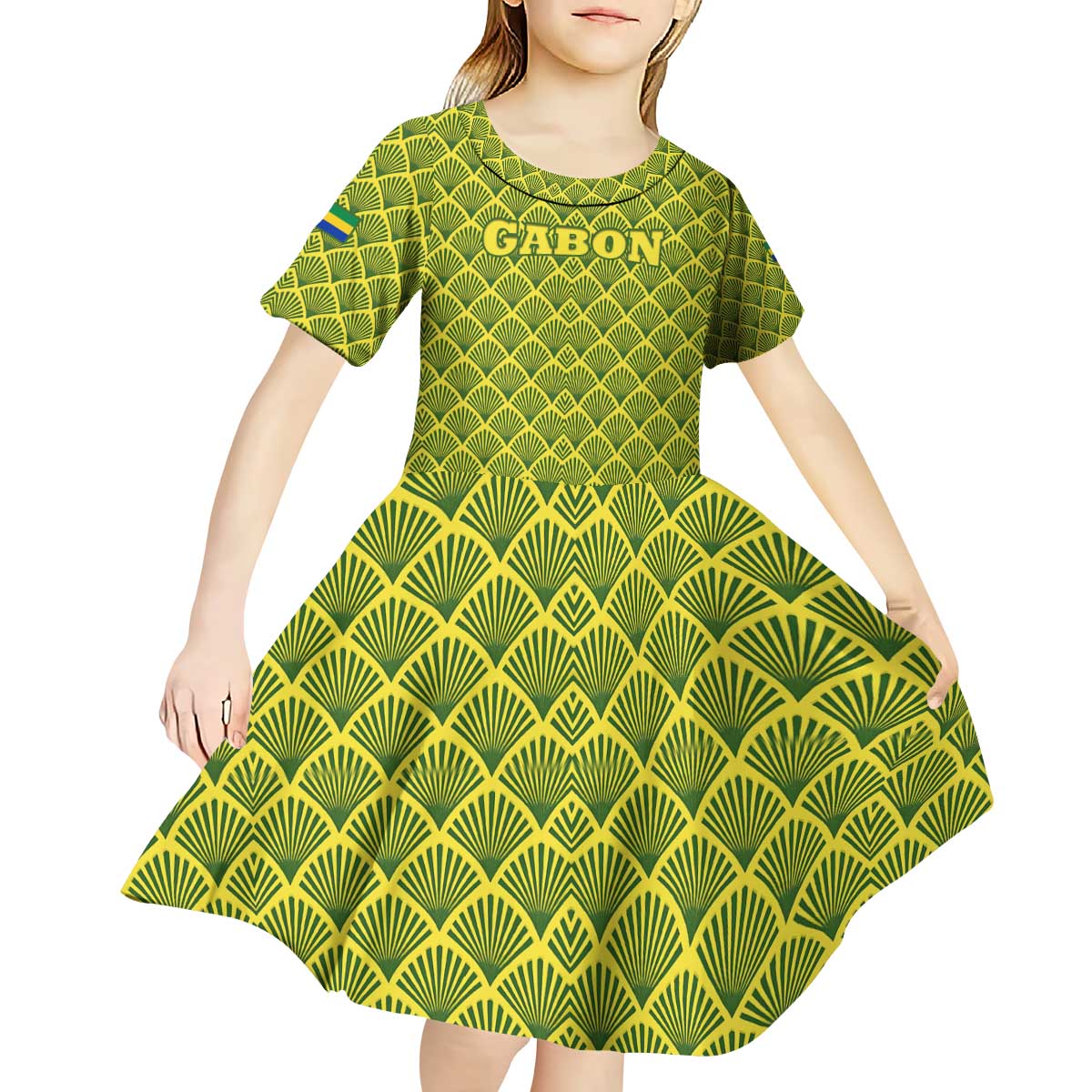 Gabon Tribal Pattern Kid Short Sleeve Dress with National Flag Colors and Bold Text Design