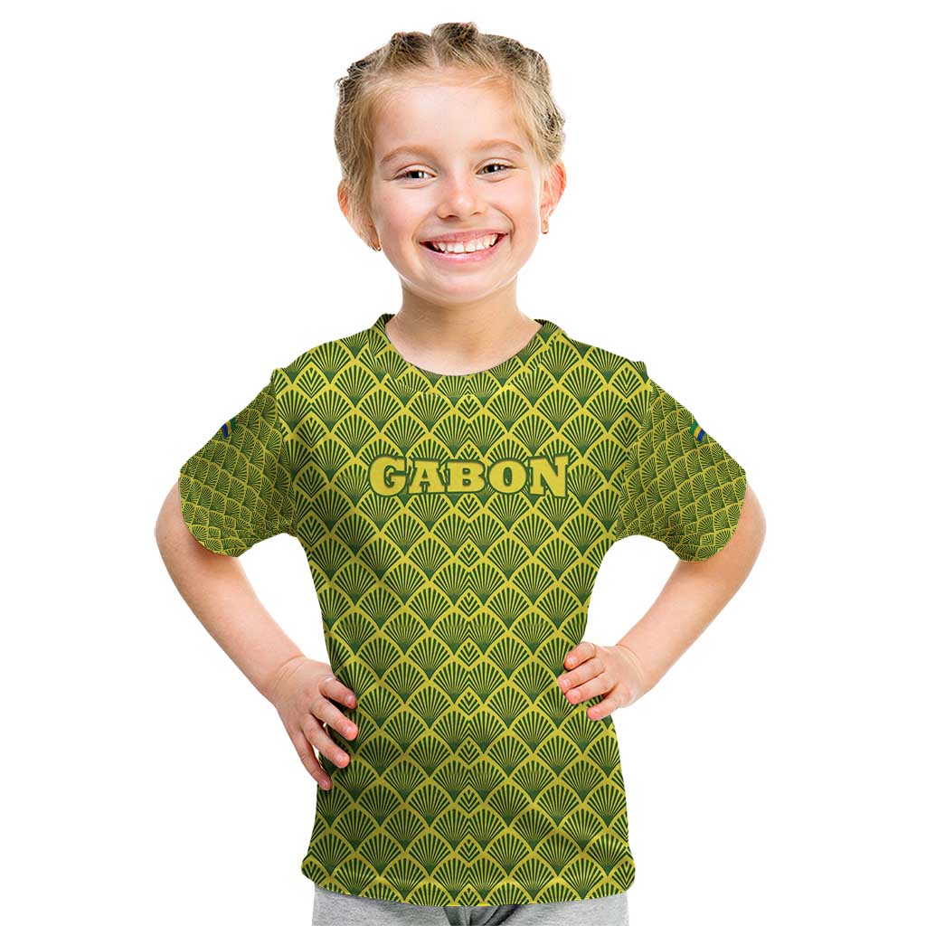 Gabon Tribal Pattern Kid T Shirt with National Flag Colors and Bold Text Design