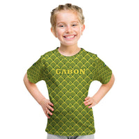 Gabon Tribal Pattern Kid T Shirt with National Flag Colors and Bold Text Design