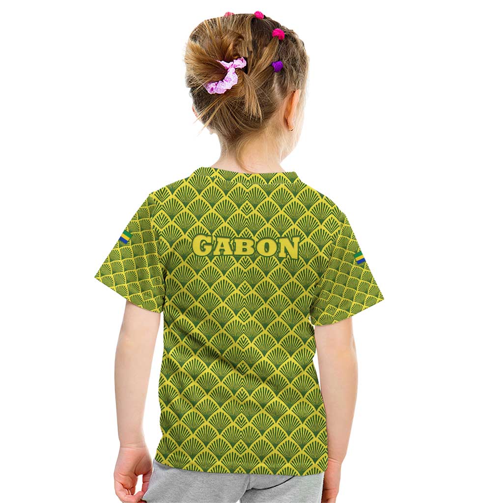 Gabon Tribal Pattern Kid T Shirt with National Flag Colors and Bold Text Design