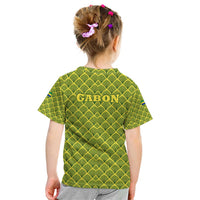 Gabon Tribal Pattern Kid T Shirt with National Flag Colors and Bold Text Design