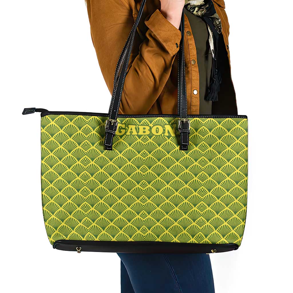 Gabon Tribal Pattern Leather Tote Bag with National Flag Colors and Bold Text Design