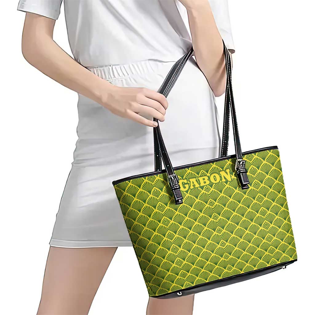 Gabon Tribal Pattern Leather Tote Bag with National Flag Colors and Bold Text Design