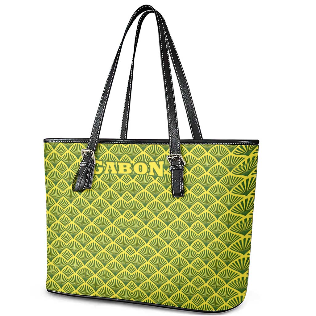 Gabon Tribal Pattern Leather Tote Bag with National Flag Colors and Bold Text Design