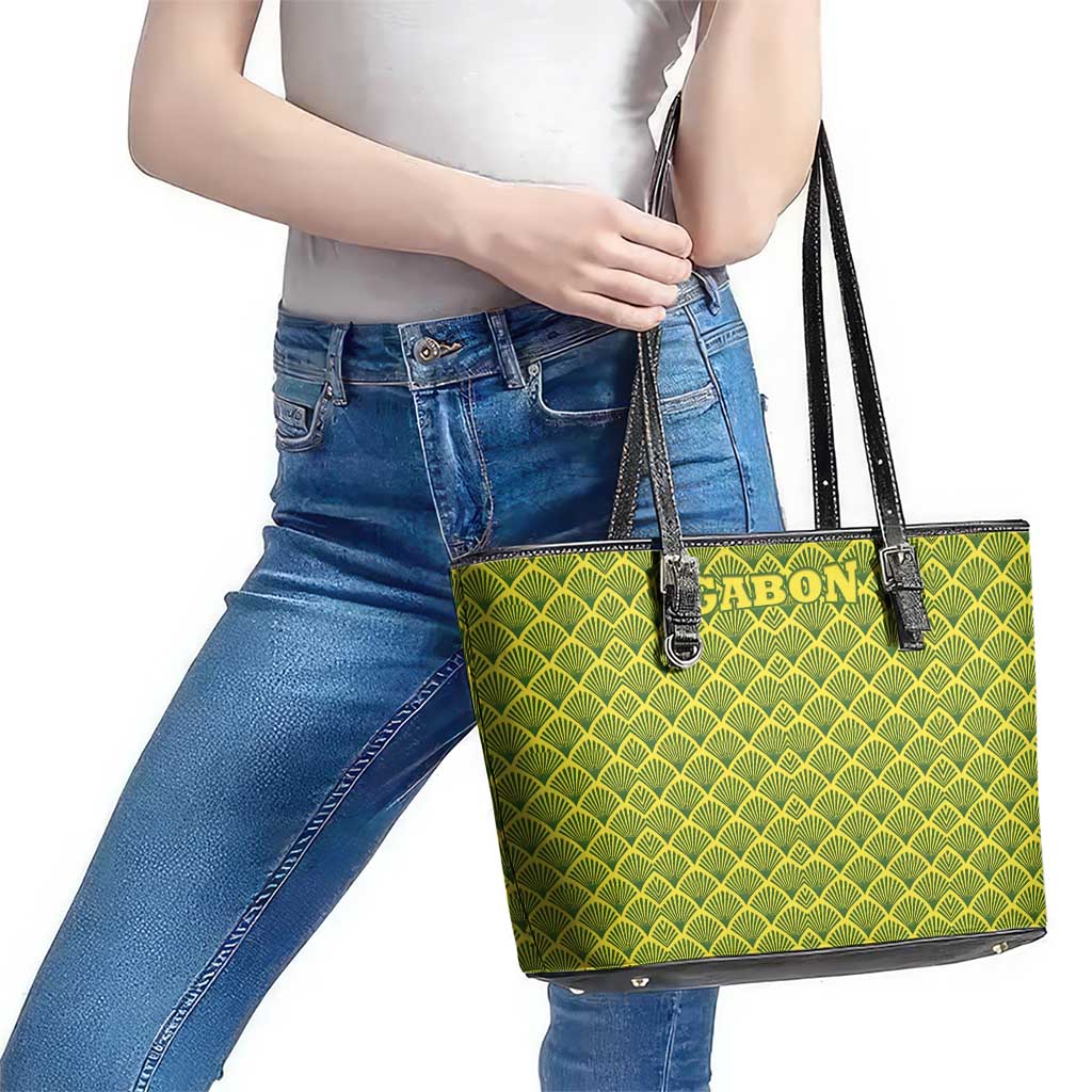Gabon Tribal Pattern Leather Tote Bag with National Flag Colors and Bold Text Design